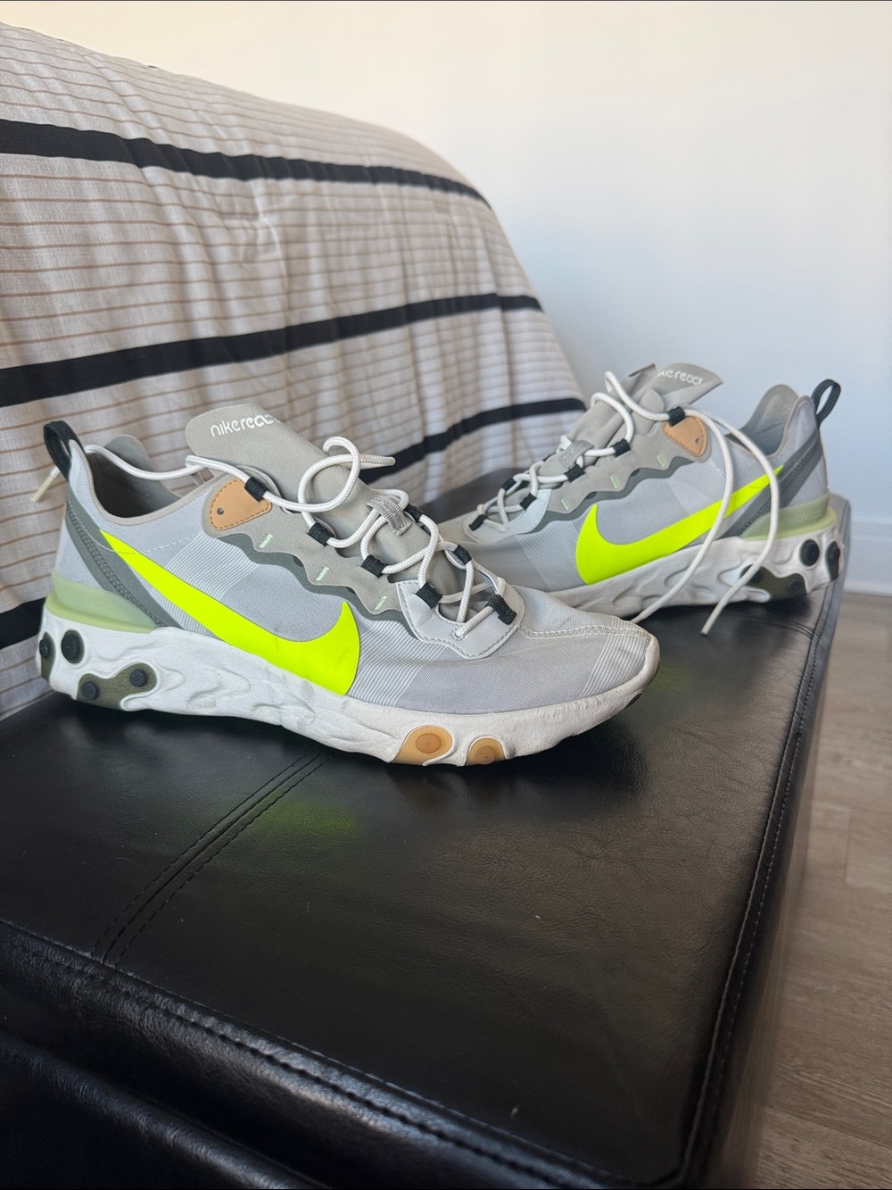 Nike Men's Sneakers - Light Gray with Neon Yellow Swoosh